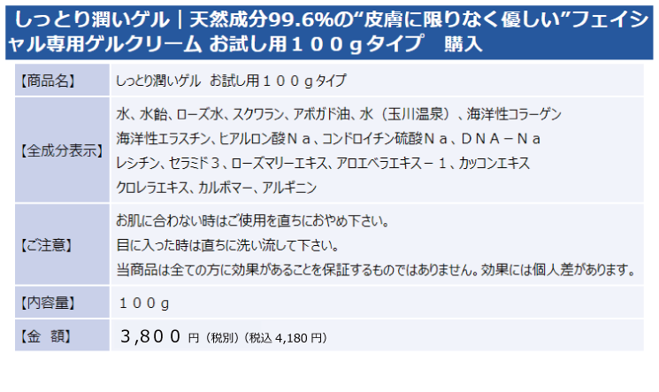 天然成分99.6％の“皮膚に限りなく優しい”フェイシャル専用ゲルクリーム説明文１３